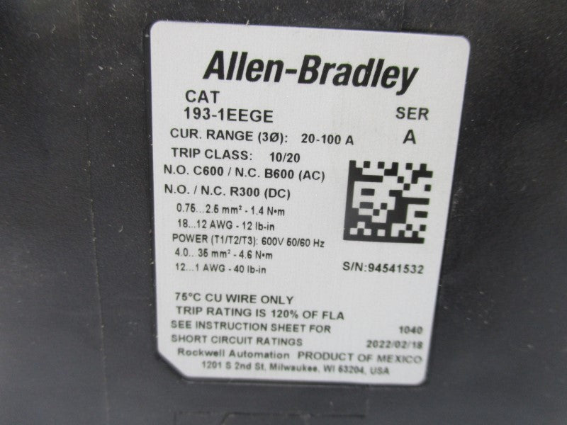 ALLEN BRADLEY 193-1EEGE SER. A 600V 20-100A NSNP
