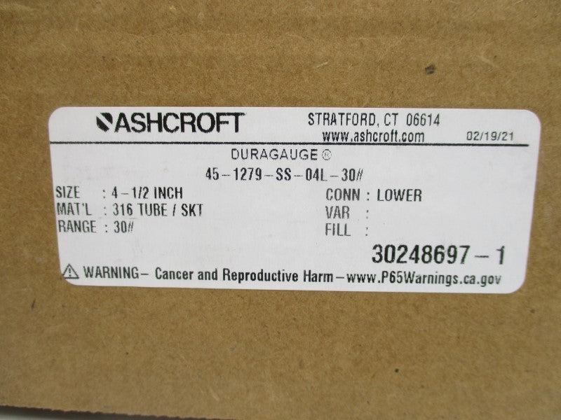 ASHCROFT 45-1279-SS-04L-30# 0-30PSI 4-1/2" NSMP
