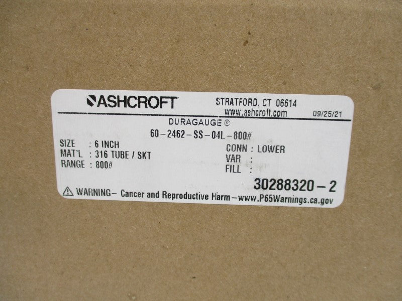 ASHCROFT 60-2462-SS-04L-800# 0-800PSI 6" NSMP