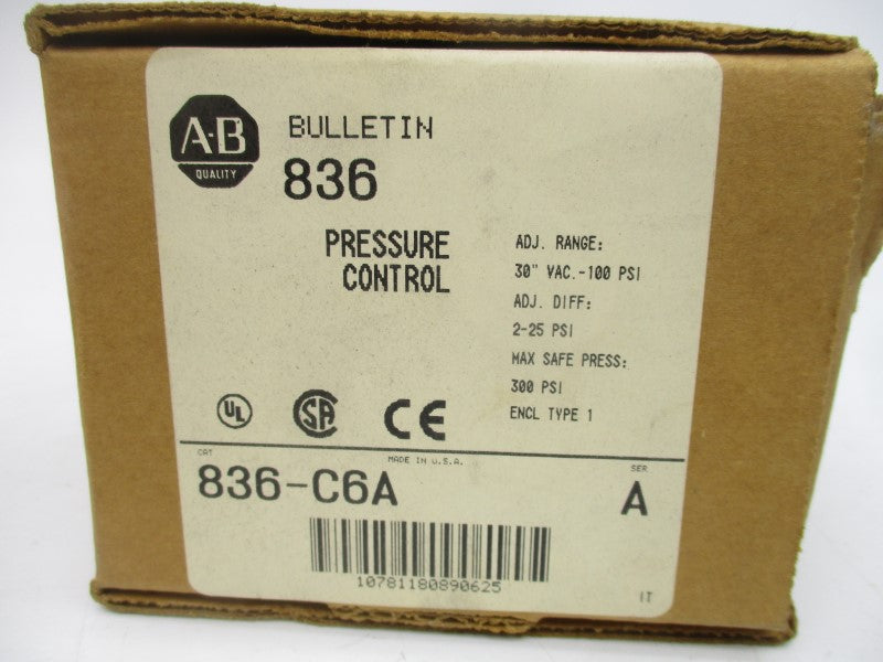 ALLEN BRADLEY 836-C6A SER. A 24-600VAC 100PSI (BR/WH) NSMP