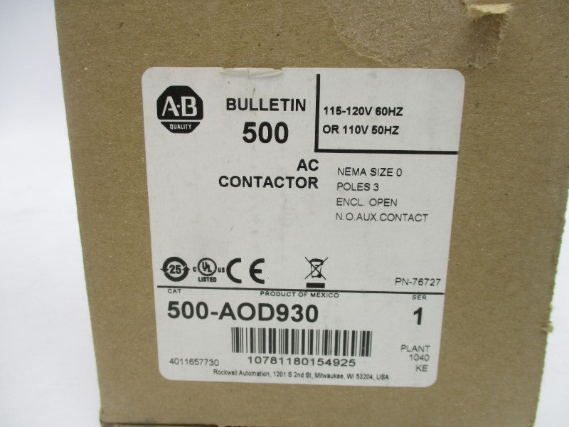 ALLEN BRADLEY 500-AOD930 SER. 1 110/115/120V 18A (BR/WH) NSMP