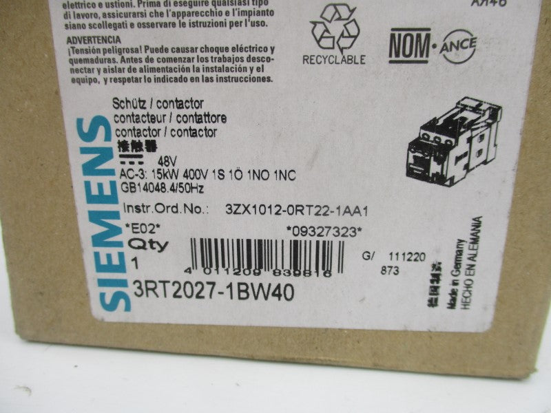 SIEMENS 3RT2027-1BW40 48VDC NSMP