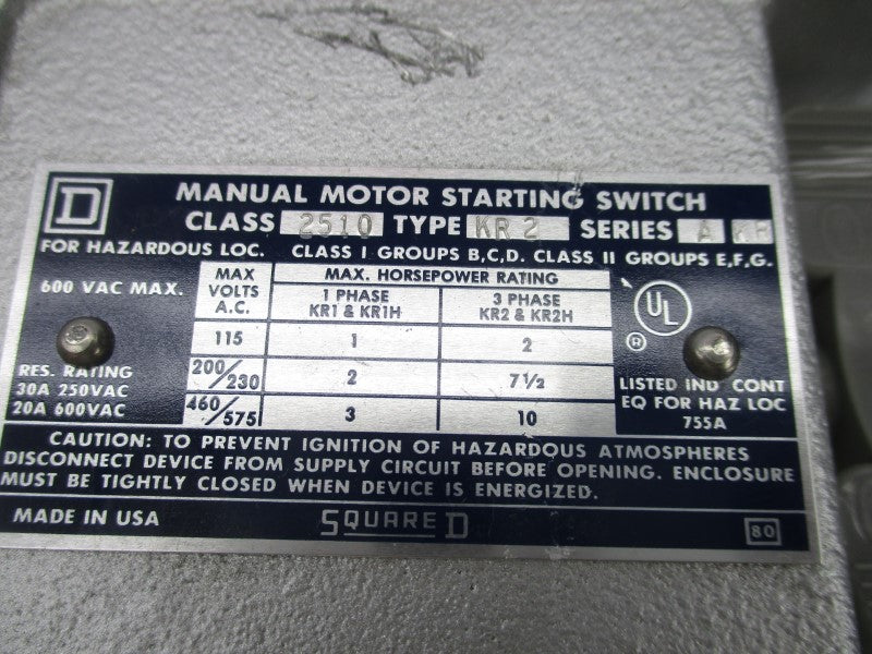SQUARE D 2510KR2 SER. A 600VAC 20A (AS PICTURED) NSNP