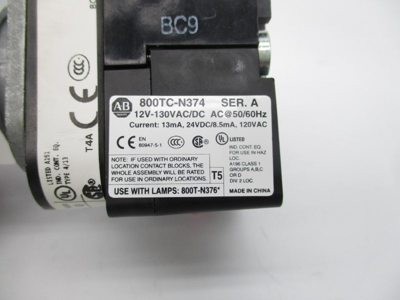 ALLEN BRADLEY 800T-QTH2R SER. U 12-130VAC/DC (WH) NSMP