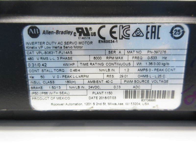 ALLEN BRADLEY VPL-B0631T-PJ14AS SER. A 480V 1.2A NSNP