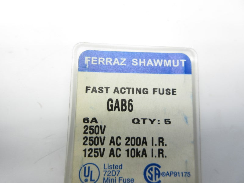 FERRAZ SHAWMUT GAB6 250VAC 6A (PKG OF 5) NSFS