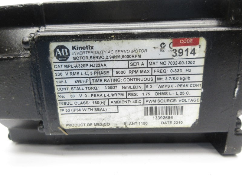 ALLEN BRADLEY MPL-A320P-HJ22AA SER. A 230V 9.0A NSNP
