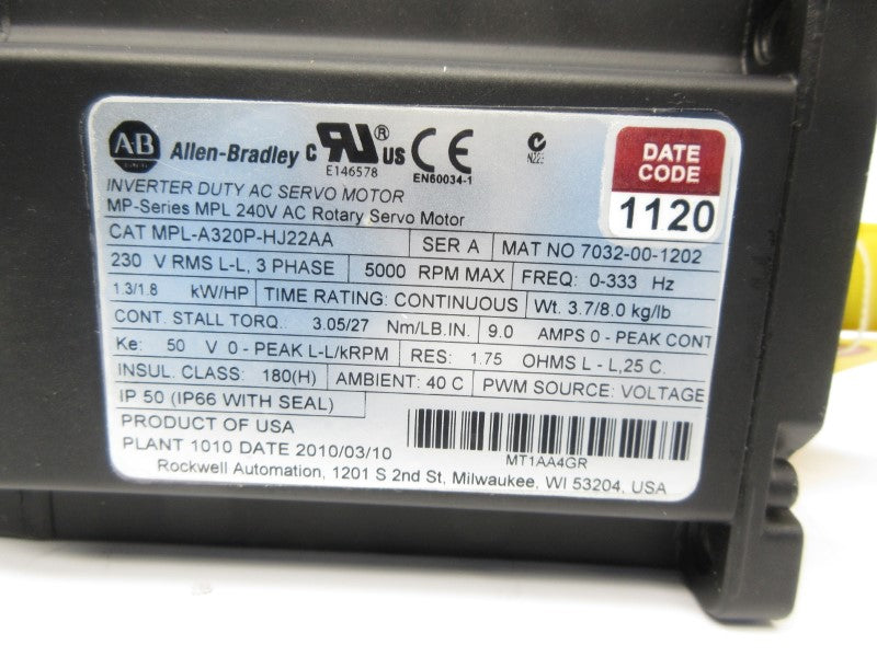 ALLEN BRADLEY MPL-A320P-HJ22AA SER. A 230V 9.0A NSNP