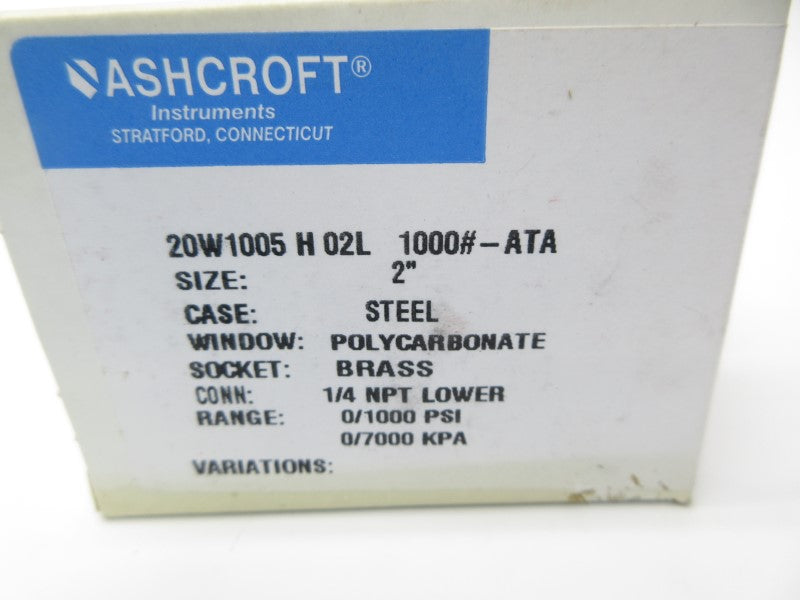 ASHCROFT 20W1005H02L1000#-ATA 1000PSI 2" NSMP