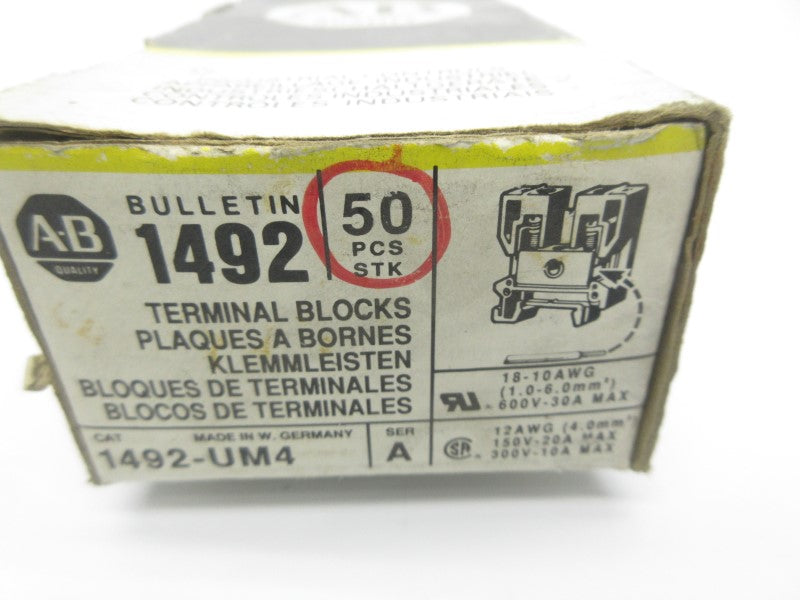 ALLEN BRADLEY 1492-UM4 SER. A 600V 30A (PKG OF 50) (BK/YL) NSMP