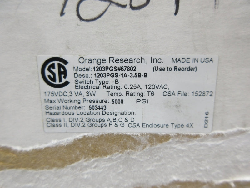 ORANGE RESEARCH 1203PGS#67802 1203PGS-1A-3.5B-B 120VAC 0.25A 5000PSI NSMP