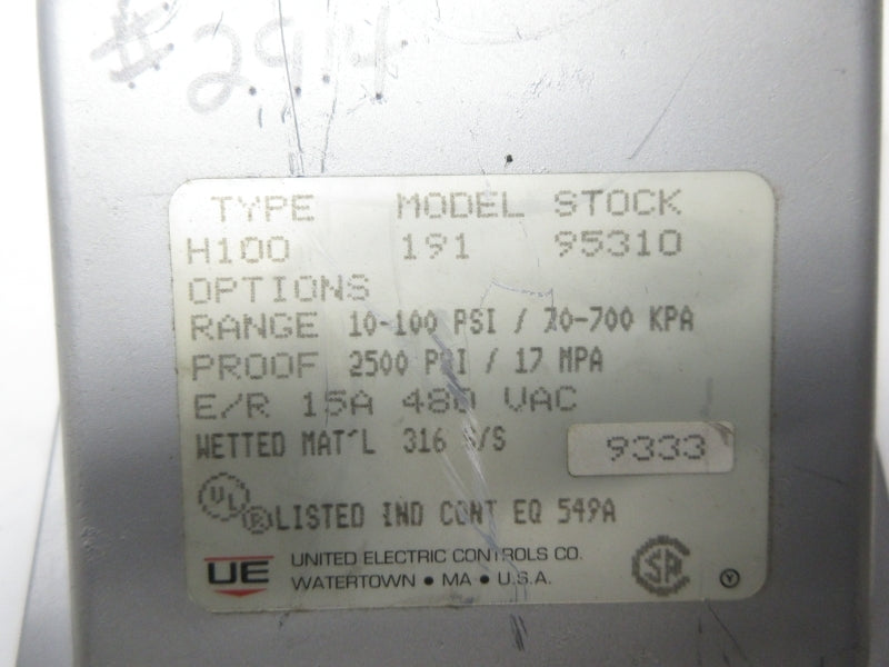 UNITED ELECTRIC H100-191-95310 480VAC 15A 10-100PSI NSNP