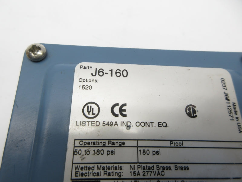 UNITED ELECTRIC J6-160 277VAC 15A 50-180PSI UNMP
