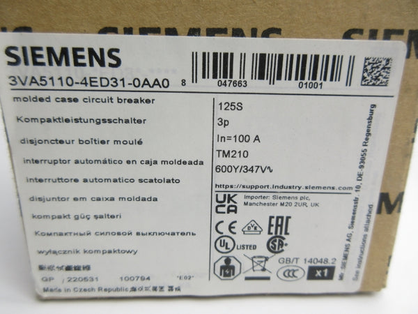 SIEMENS 3VA5110-4ED31-0AA0 347V 100A NSMP