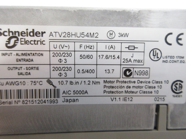 SCNEIDER ELECTRIC ATV28HU54M2 200/230V 17.6/15.4 NSNP