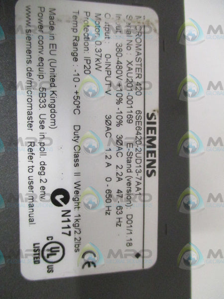 SIEMENS MICROMASTER 420 6SE6420-2UD13-7AA1 DRIVE 380-480V (AS PICTURED) UNMP