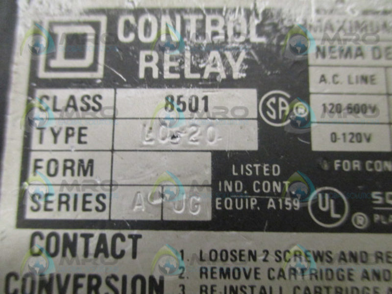 SQUARE D 8501-LO-20 CONTROL RELAY 120V UNMP