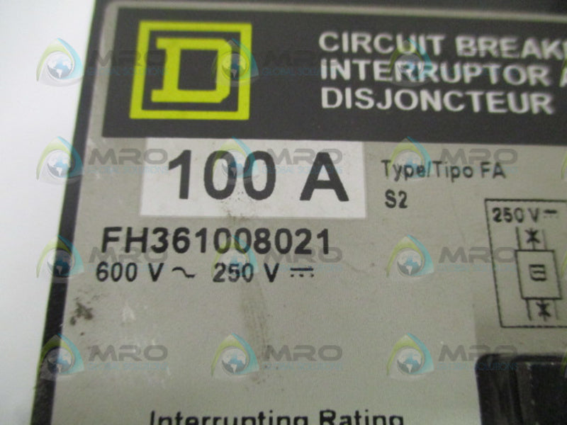 SQUARE D FH361008021 CIRCUIT BREAKER 100A NSNP