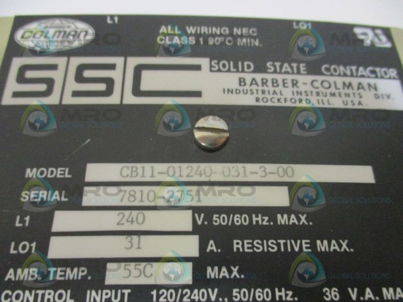 BARBER-COLMAN CB11-01240-031-3-00 SOLID STATE CONTACTOR (REPAIRED) UNMP