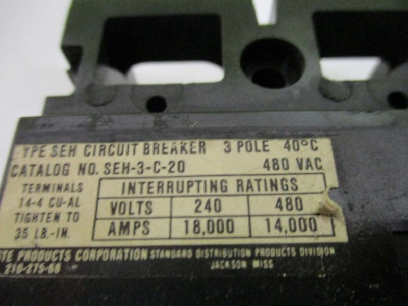 SYLVANIA SEH-3-C-20 CIRCUIT BREAKER 20A NSNP