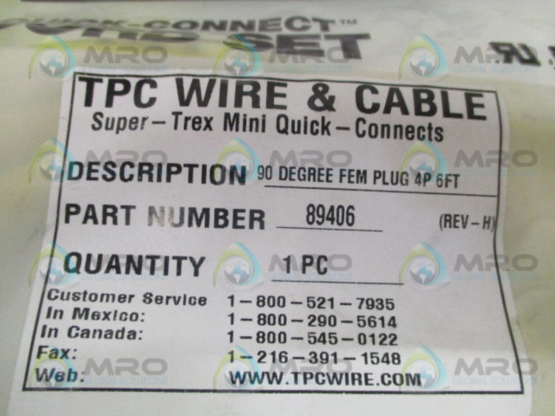 TPC WIRE & CABLE 89406 90-DEGREE FEMALE PLUG 4P 6FT NSMP