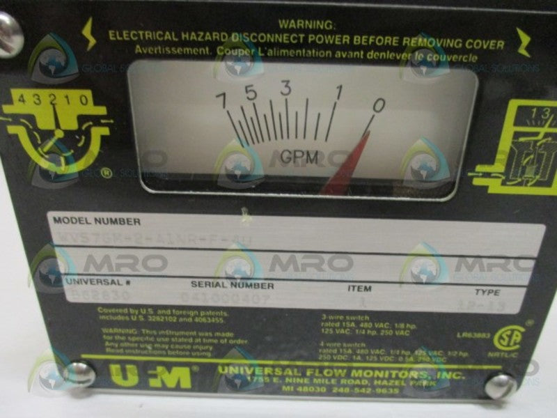 UNIVERSAL FLOW MONITORS WVS7GM-2-A1NR-F-4U FLOW METER 0-7 GPM NSMP