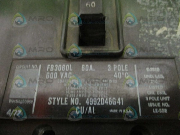 WESTINGHOUSE FB3060L CIRCUIT BREAKER 60A UNMP