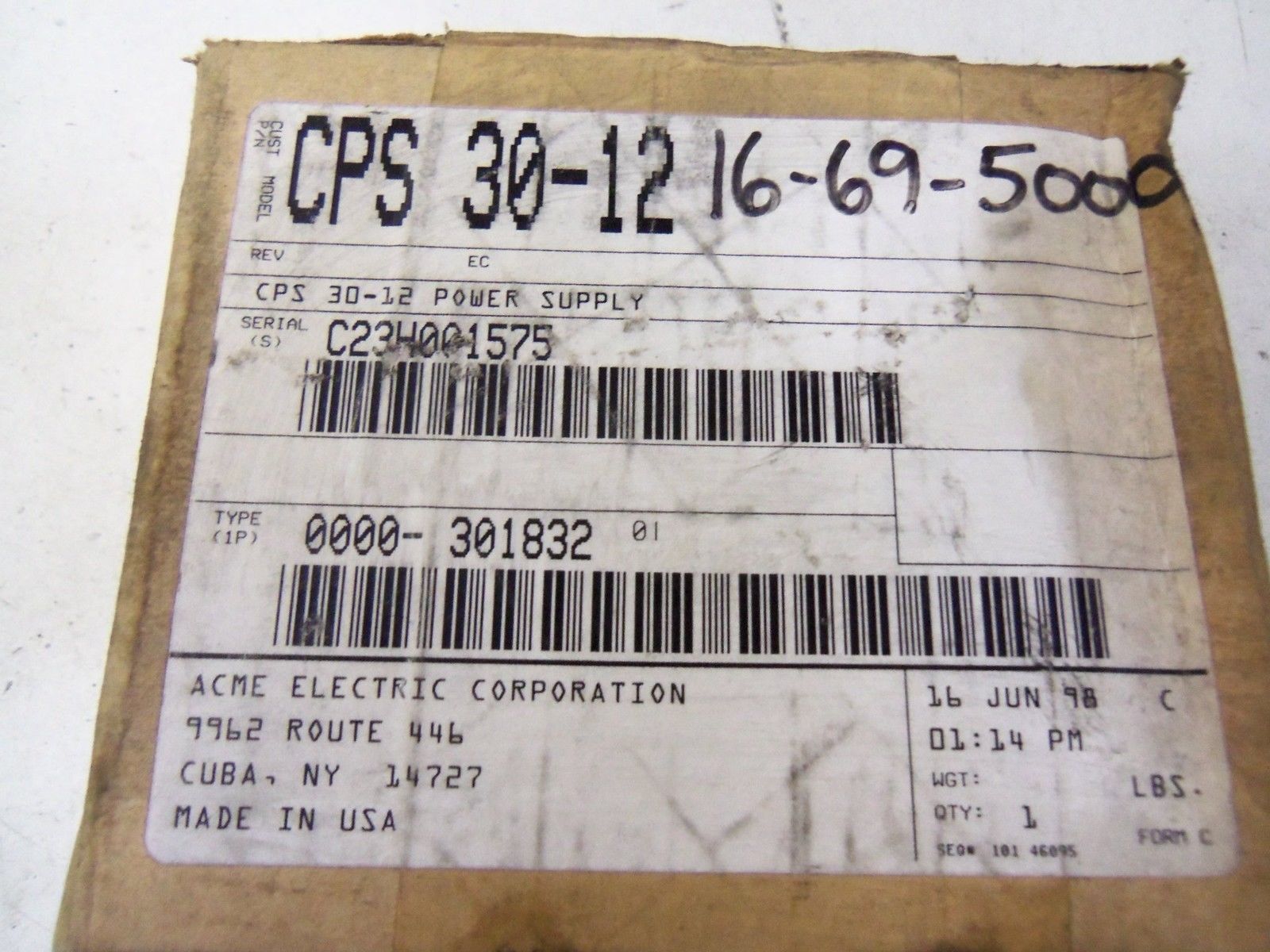 ACME ELECTRIC CORPORATION CPS 3012 *FACTORY SEALED*