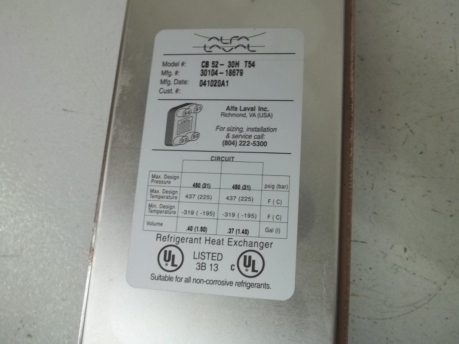 ALFA LAVAL CB52-30HT54 REFRIGERANT HEAT EXCHANGER NSMP