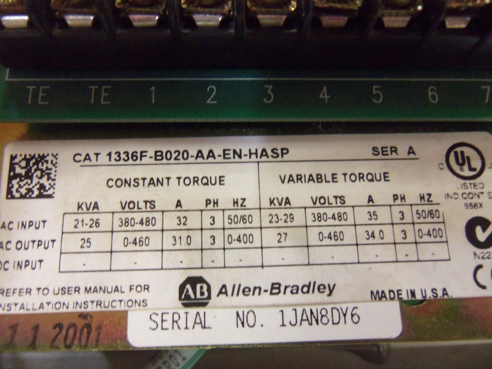 ALLEN BRADLEY 1336F-B020-AA-EN-HASP SER. A AC DRIVE (AS PICTURED) UNMP