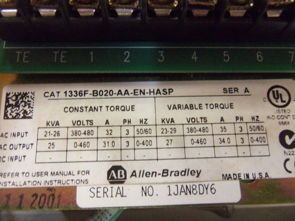 ALLEN BRADLEY 1336F-B020-AA-EN-HASP SER. A AC DRIVE (AS PICTURED) UNMP