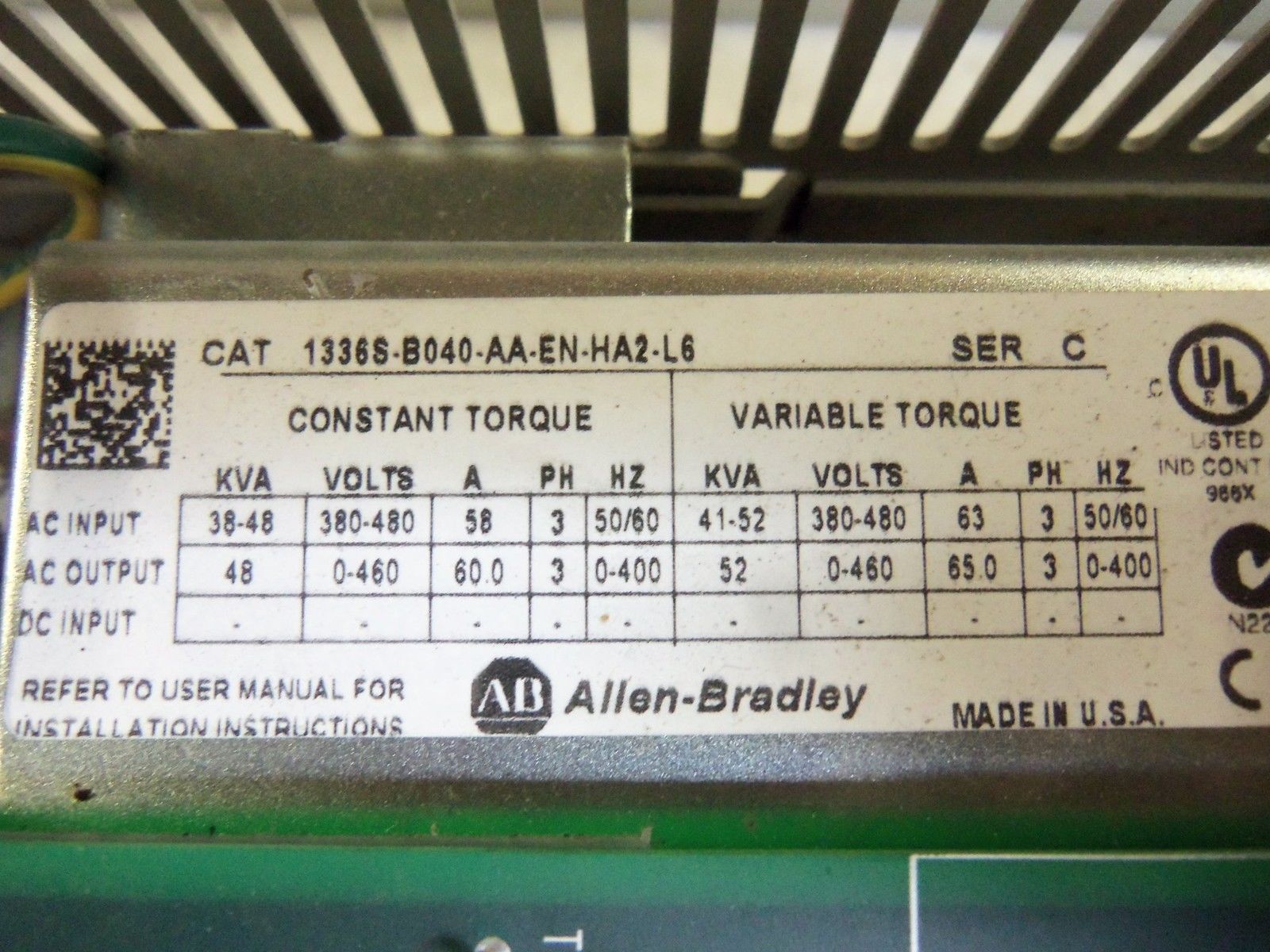 ALLEN BRADLEY 1336S-B040-AA-EN-HA2-L6 SER. C AC DRIVE UNMP