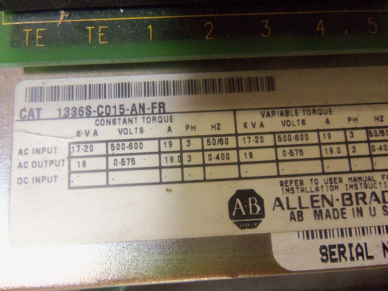 ALLEN BRADLEY 1336S-C015-AN-FR SER. C AC DRIVE *USED*