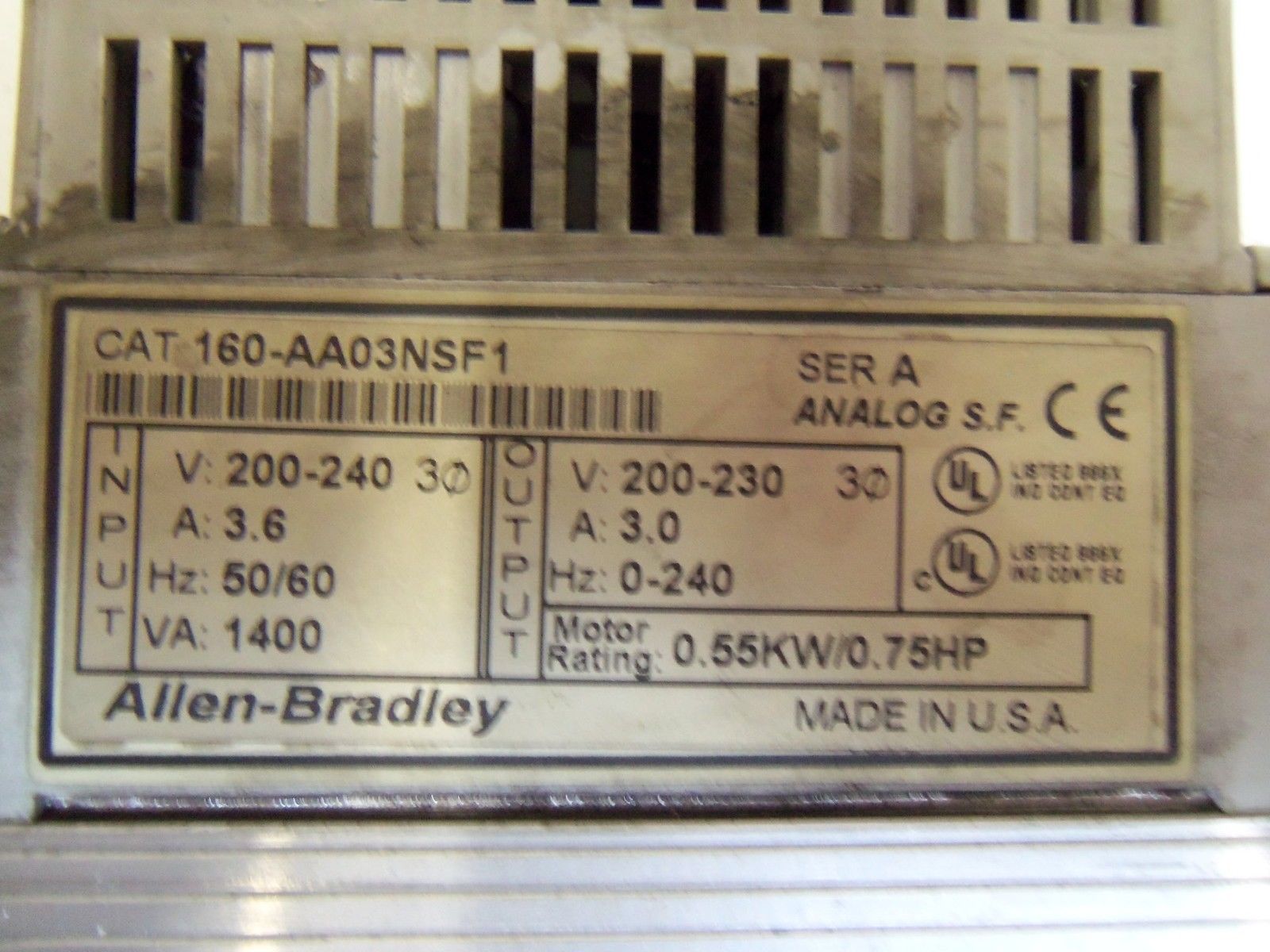 ALLEN BRADLEY 160-AA03NSF1 SER. A F/W 4.04 SPEED CONTROLLER (NO KEYPAD) *USED*