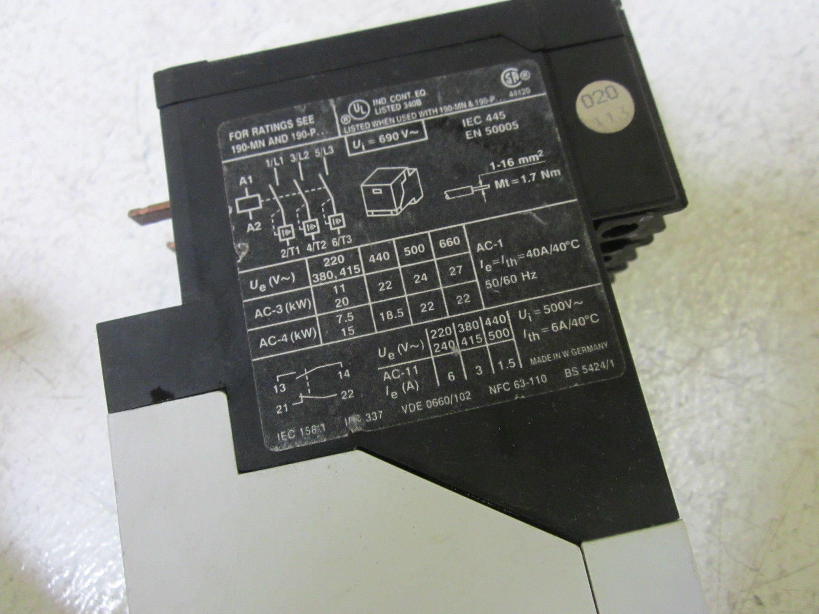ALLEN BRADLEY 190-A40A SER.A CONTACTOR *USED*