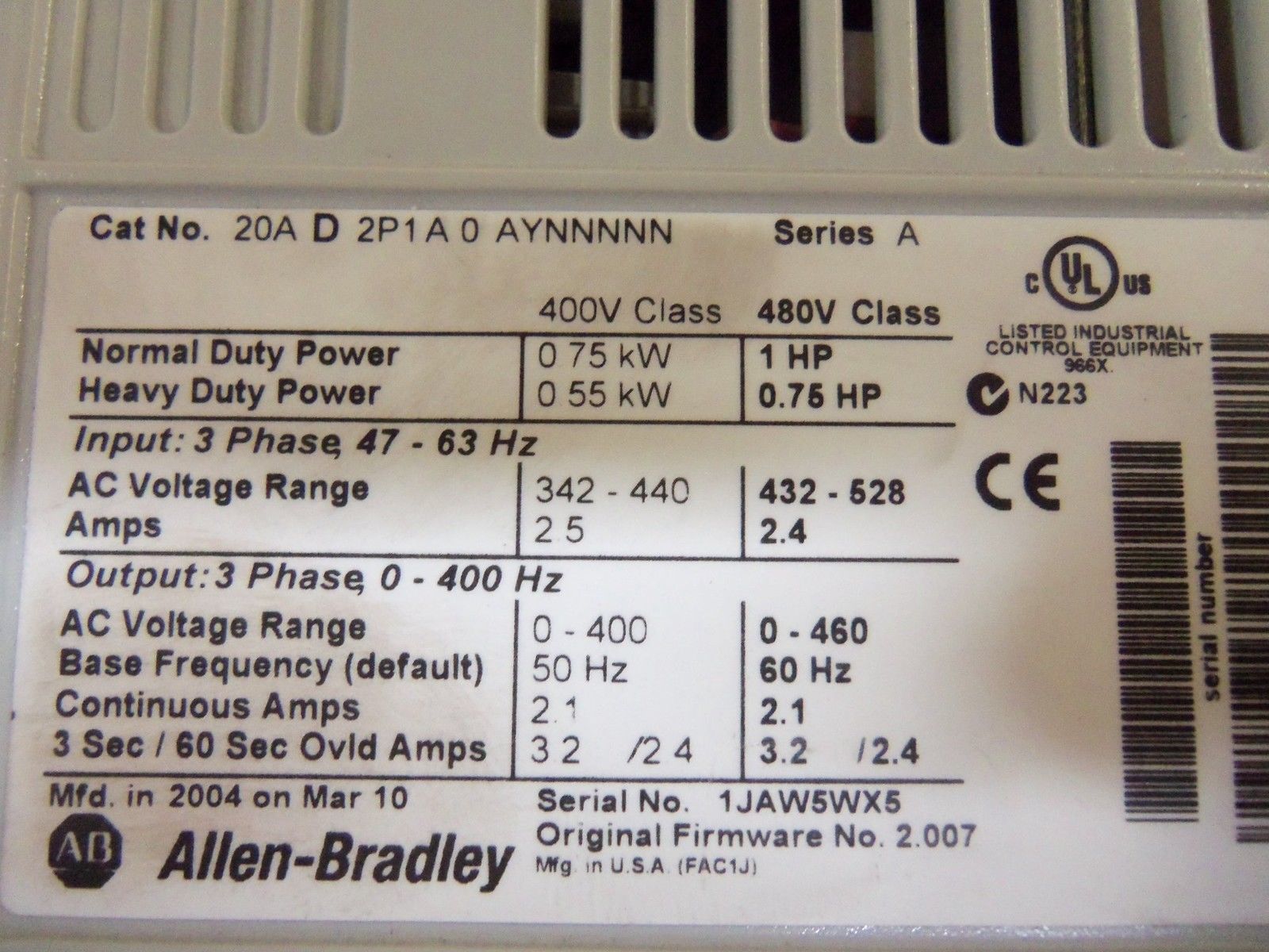 INDUSTRIAL SPARE PART 20AD2P1A0AYNNNNN AC DRIVE SERIES A (REMAUNFACTURED) UNMP
