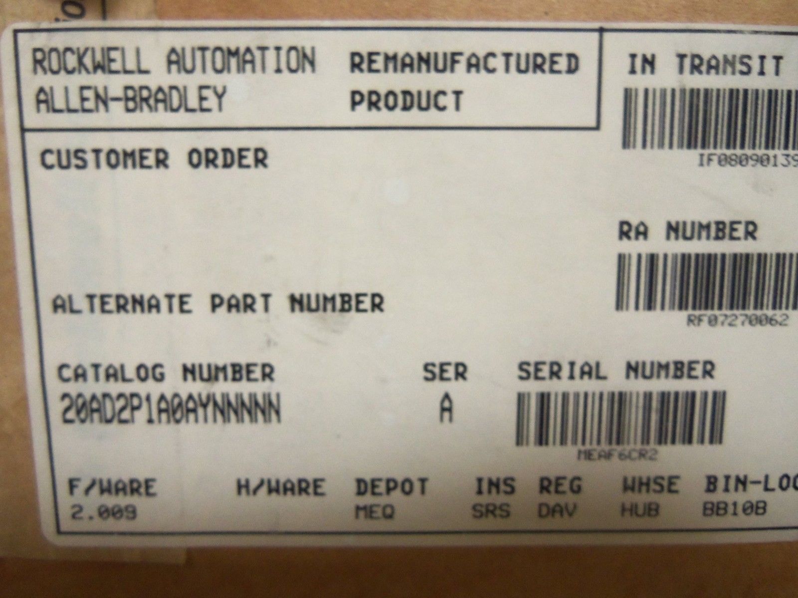 INDUSTRIAL SPARE PART 20AD2P1A0AYNNNNN AC DRIVE SERIES A (REMAUNFACTURED) UNMP