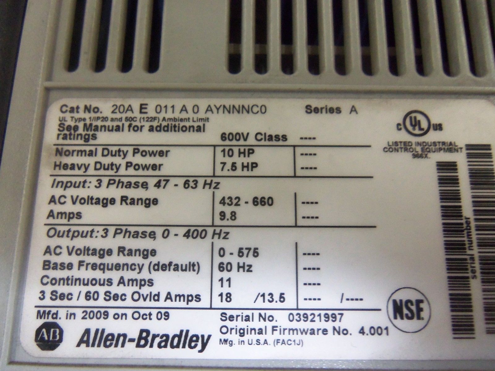 ALLEN BRADLEY POWERFLEX 70 20AE011A0AYNNNC0 SER. A F/W 4.001 AC DRIVE UNMP