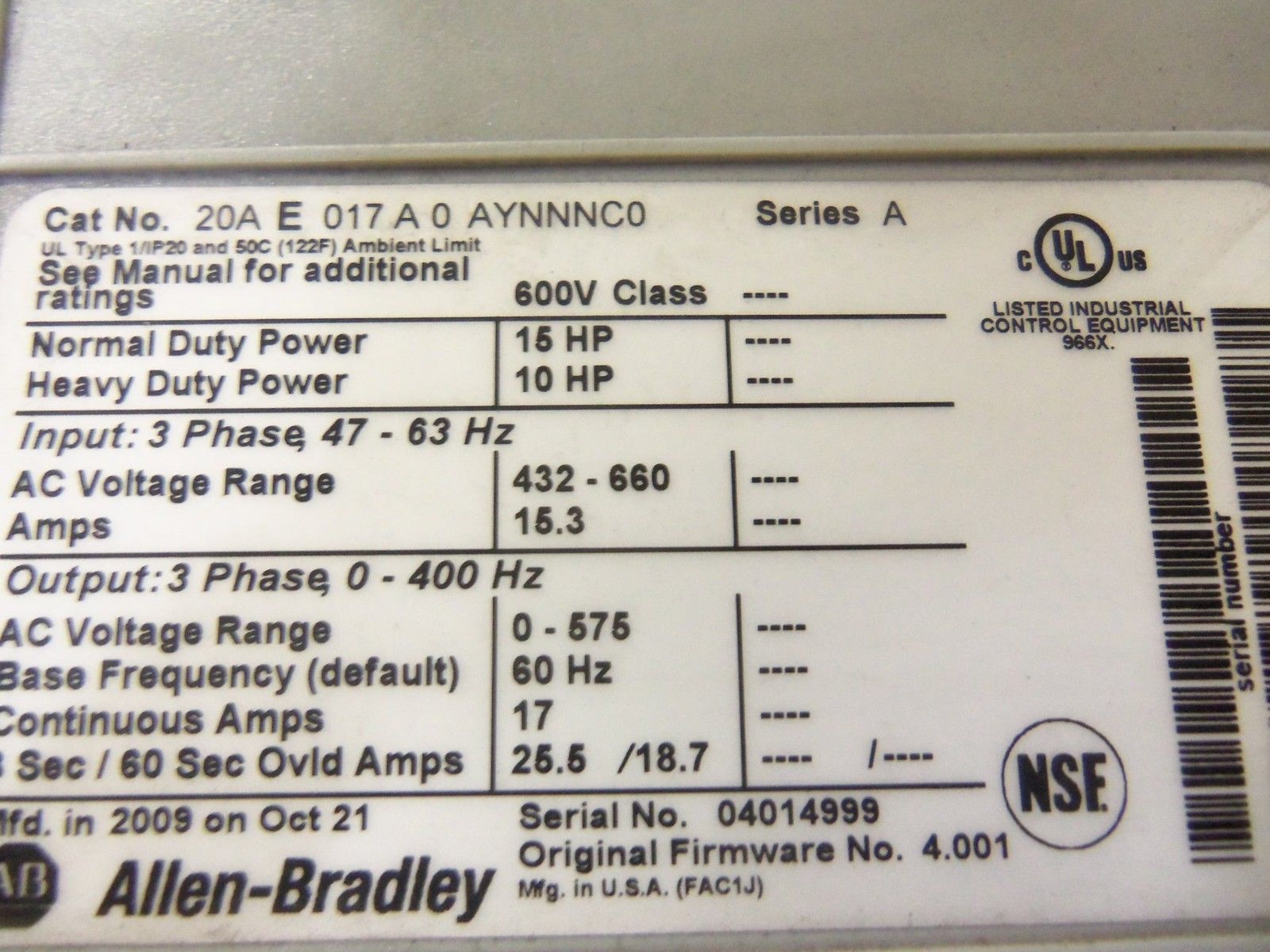 ALLEN BRADLEY POWERFLEX 70 20AE017A0AYNNNC0 SER. A F/W 4.001 AC DRIVE UNMP
