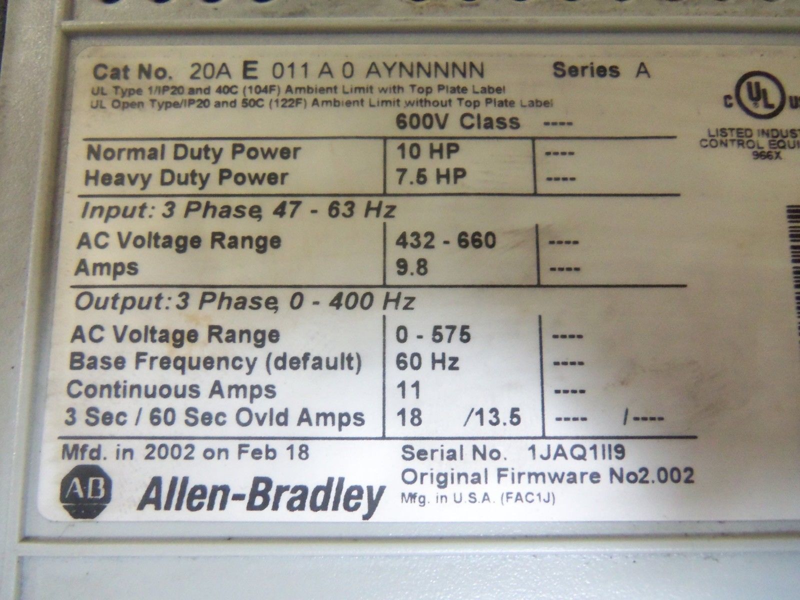 ALLEN BRADLEY 20AE011A0AYNNNNN  SERIES A UNMP
