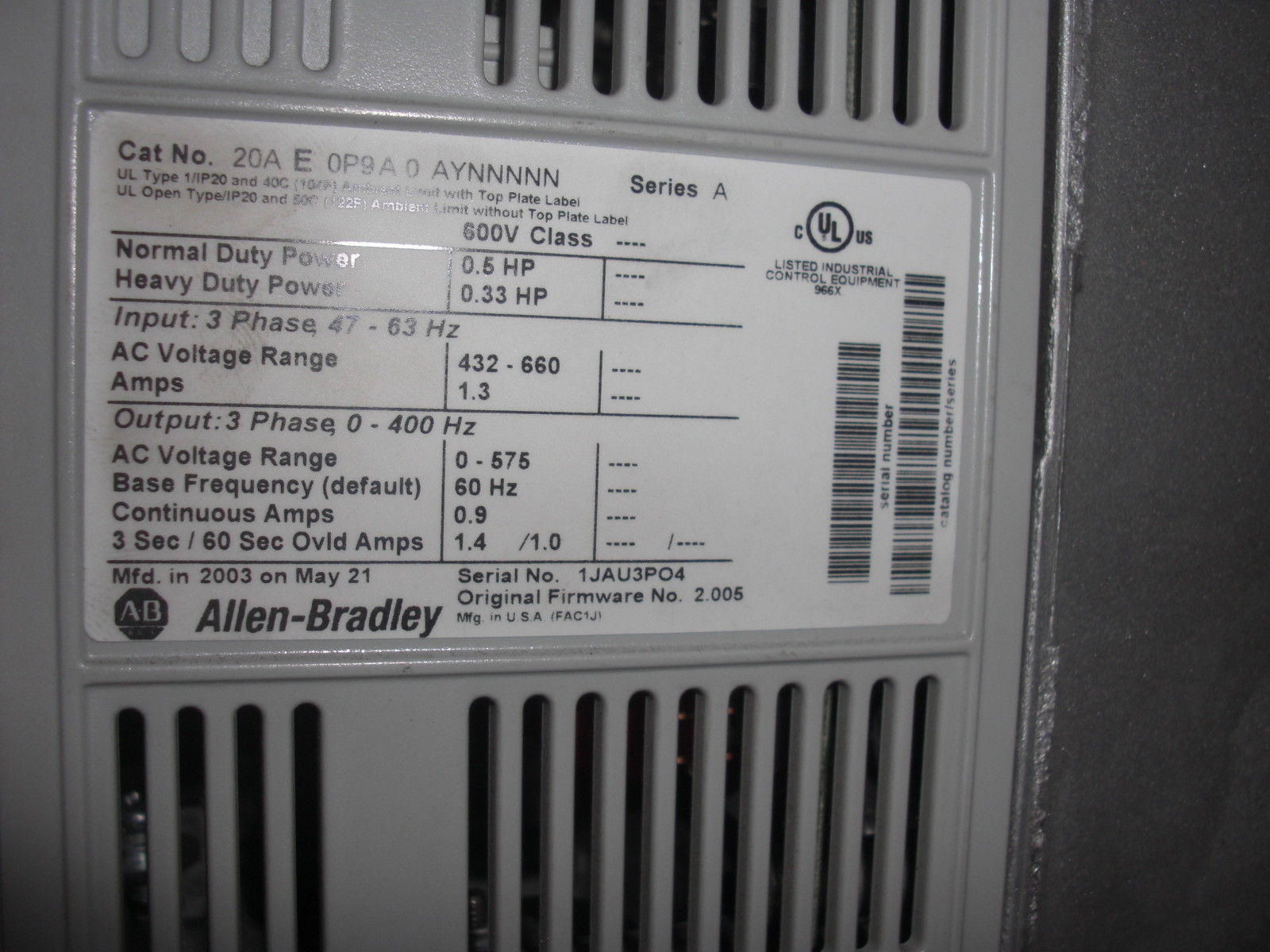 INDUSTRIAL SPARE PART 20AE0P9A0AYNNNNN SERIES A  UNMP