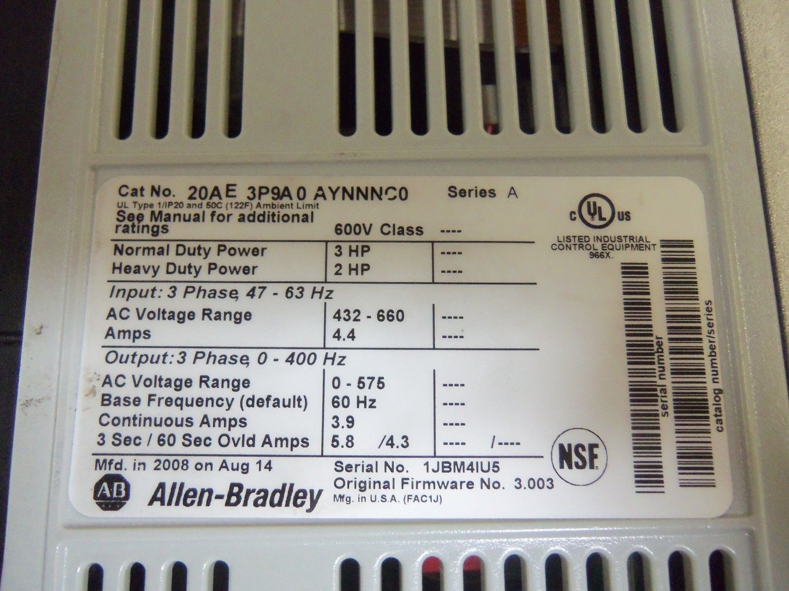 ALLEN BRADLEY 20AE3P9A0AYNNNC0 SERIES A AC DRIVE UNMP