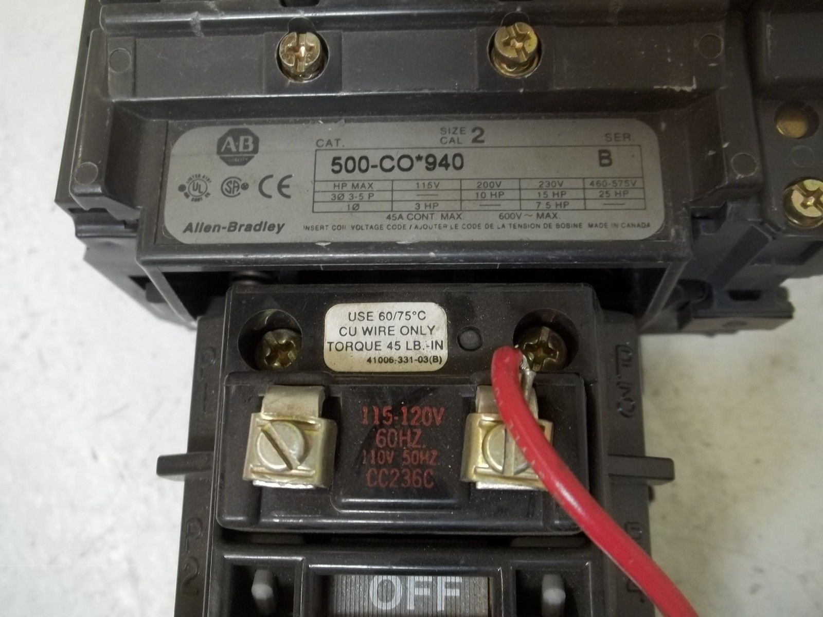 INDUSTRIAL SPARE PART 500-CO940 SER.B CONTCTAR 115-120V UNMP