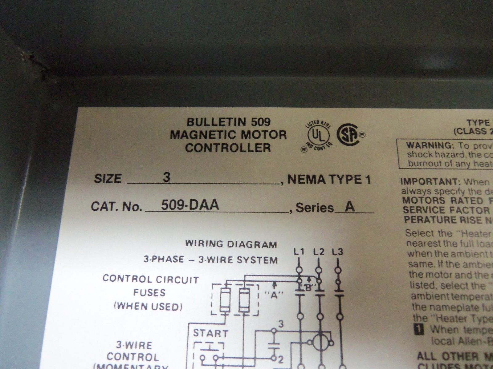 INDUSTRIAL SPARE PART 509-DAA SERIES A STARTER UNMP