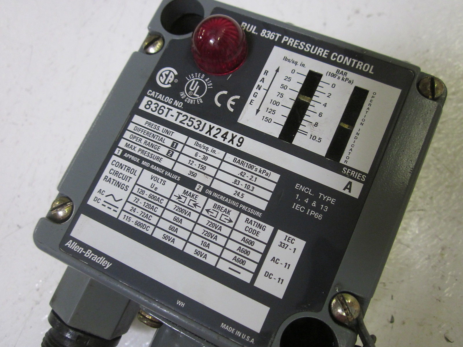 INDUSTRIAL SPARE PART 836T-T253JX24X9 SER.A PRESSURE SWITCH PILOT LIGHT UNMP