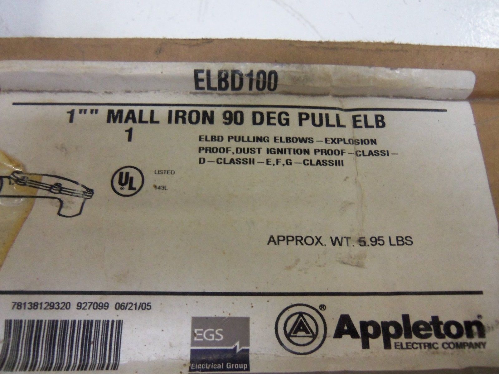 APPLETON ELBD100 1" MALL IRON 90 DEG PULL ELBOW NSMP