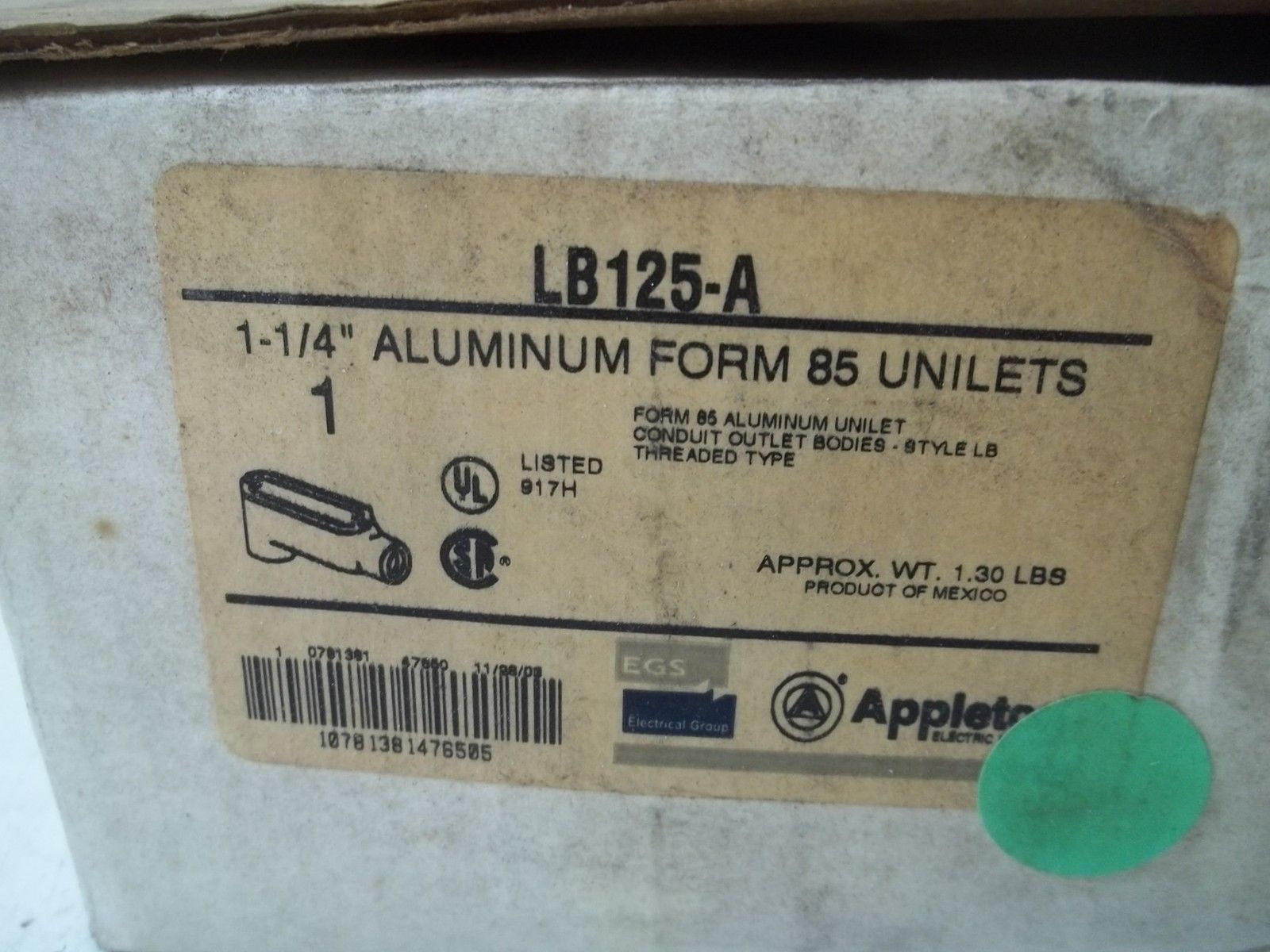 APPLETON LB125-A 1-1/4" ALUMINUM FORM 85 UNILETS NSMP