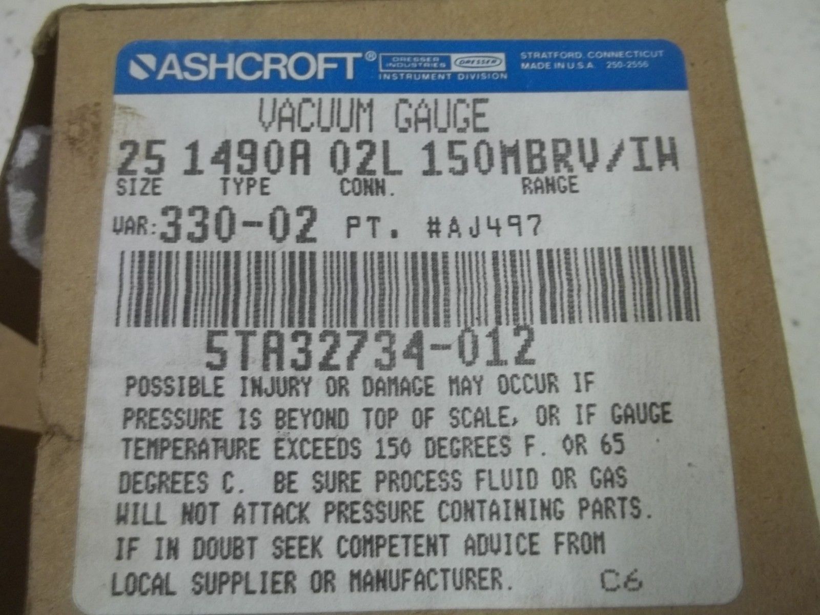 ASHCROFT 1490A02L150MBRV/IW VACUUM GAUGE NSMP