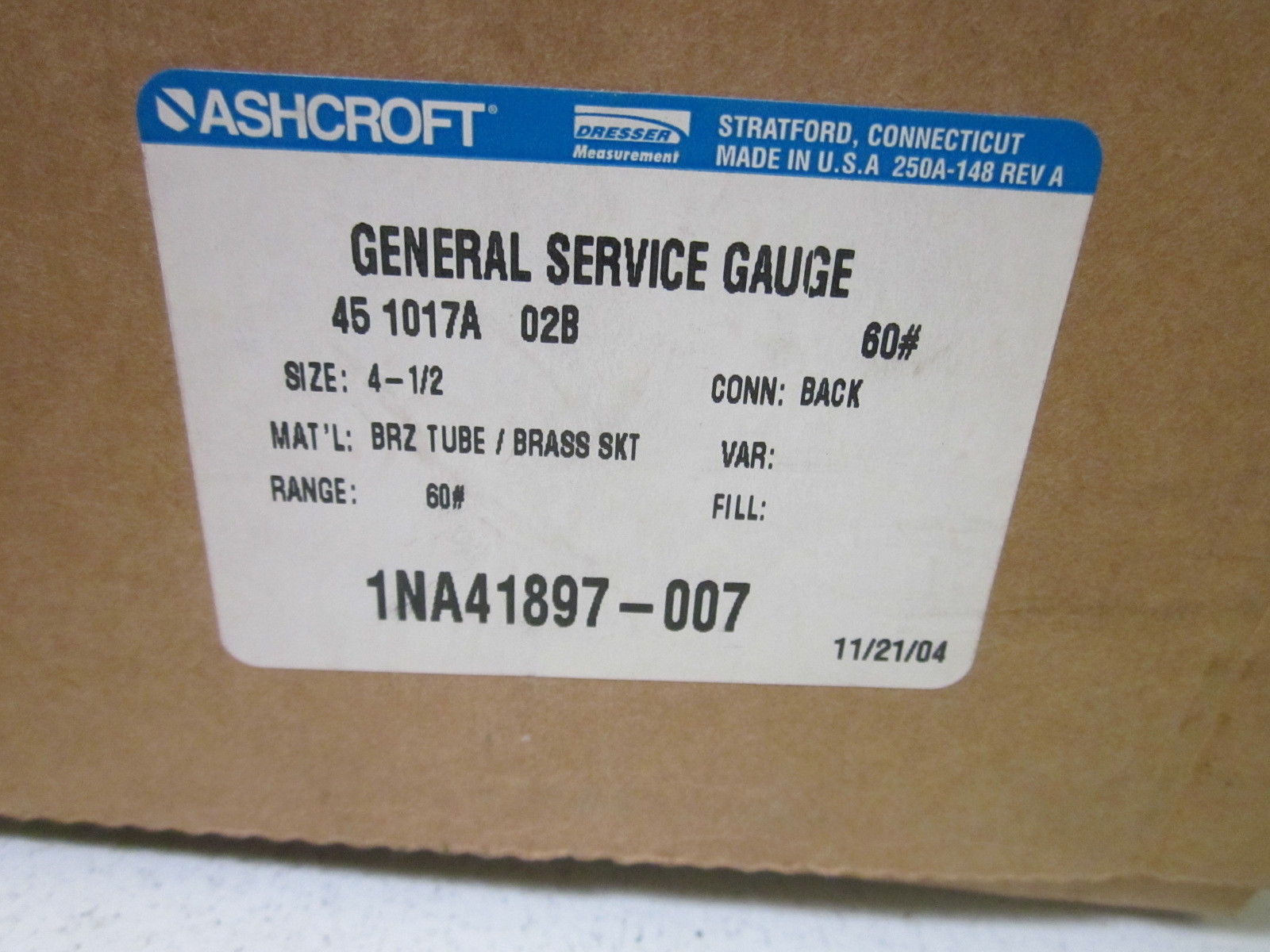 ASHCROFT 451017A02B-60# PRESSURE GAUGE 0-60 PSI NSMP