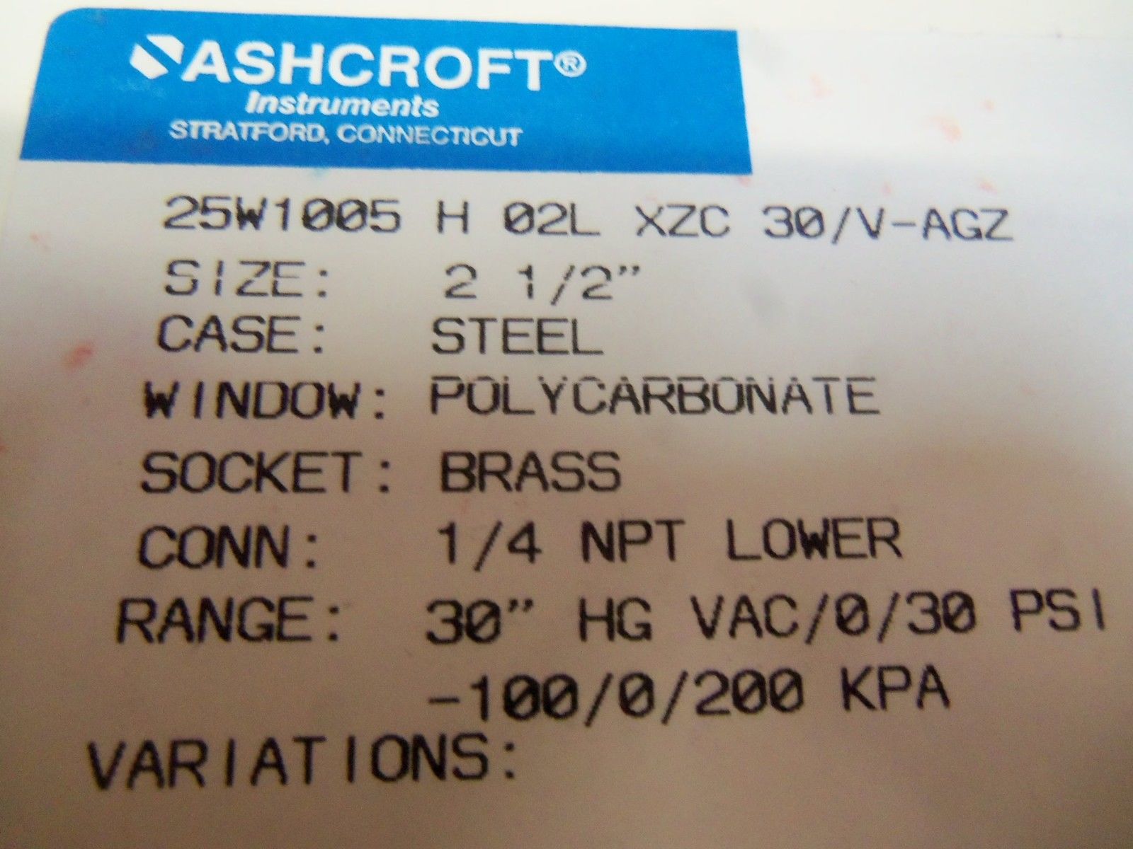 ASHCROFT 25W1005H02LXZC-30/VAGZ PRESSURE GAUGE NSMP